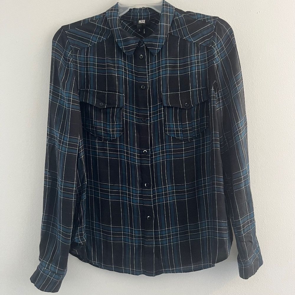 Anthropologie PAIGE Women T Shirt long sleeve Large viscose Button Down plaid